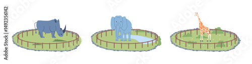 Wild animals in pens on green grass. Zoo characters, rhino, giraffe and elephant flat style. Safari park landscape elements, vector set