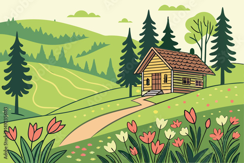 126 vibrant lush green landscape, terraced flower garden, colorful tulips, pine trees, wooden cabin, rolling hills, scenic outdoor environment, idyllic natural setting