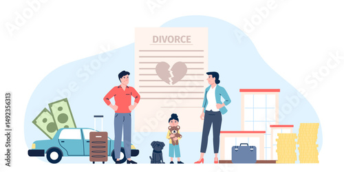 Divorce concept. Family couple dividing house, car, furniture, pet and child. Marriage problems, ending of relationship, flat recent vector scene