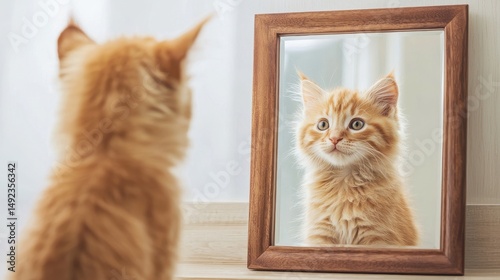Adorable orange kitten gazing at its reflection in a mirror with a curious expression in a cozy indoor setting