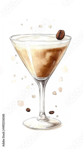 Martini Espresso alcoholic cocktail watercolor PNG isolated painting. Art deco layered coffee drink in beautiful glass. Design for menu of a bar, restaurant, café or party invitation.