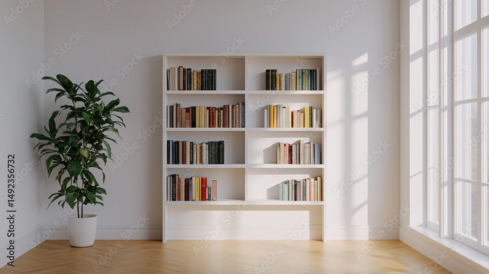 Fototapeta premium Cozy and Bright Modern Living Room with White Bookshelf and Green Plant in Sunlit Space