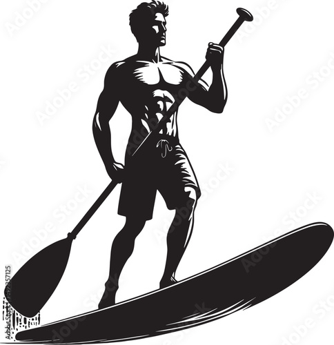 Silhouette of muscular man paddleboarding with paddle in black and white design