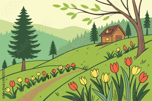126 vibrant lush green landscape, terraced flower garden, colorful tulips, pine trees, wooden cabin, rolling hills, scenic outdoor environment, idyllic natural setting