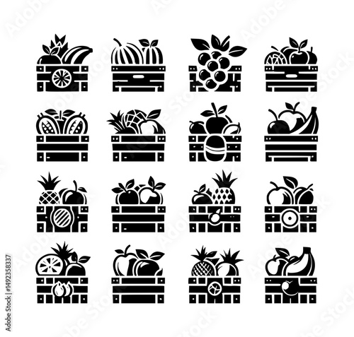 Fresh Fruits in Crate Silhouette Vector Illustration