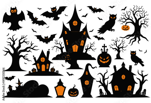 Spooky Halloween Silhouettes with Haunted Houses, Bats, Owls, and Pumpkins for Festive Decorations and Designs