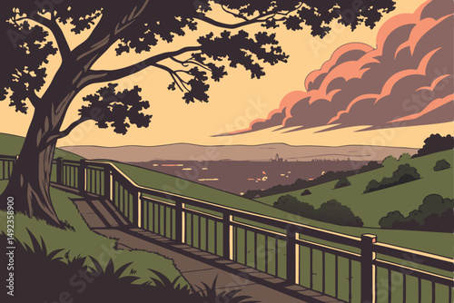 127 dramatic sunset, scenic overlook, lush green foliage, cityscape in the distance, dramatic sky with clouds, wooden railing, inviting grassy area