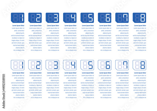infographic template with digital numbers. information template with electronic numbers. eight steps information template. infographic template for business, education, annual report, magazine