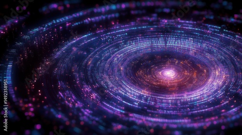 Abstract digital circular pattern with glowing multicolored lights in purple and pink hues resembling a futuristic vortex or data visualization