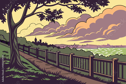127 dramatic sunset, scenic overlook, lush green foliage, cityscape in the distance, dramatic sky with clouds, wooden railing, inviting grassy area