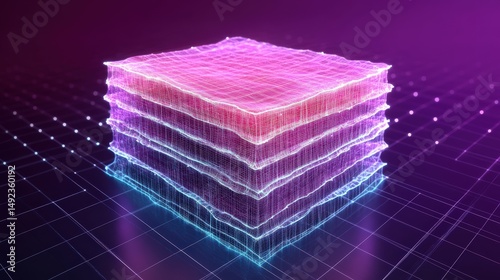 Abstract digital representation of layered data structures with glowing lines on a grid background