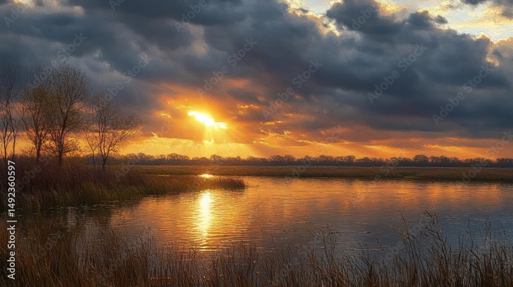 Fototapeta premium sunset casting golden light over calm river with dark clouds and leafless trees reflected on water
