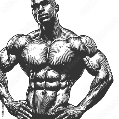muscular bodybuilder striking a powerful pose, symbolizing strength, fitness, bodybuilding, and athleticism sketch engraving generative ai vector illustration. Scratch board. Black and white image.