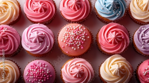 Colorful cupcakes with decorative frosting and sprinkles on a white background