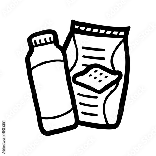 Travel snack pack with beverage and food items in minimalist style  