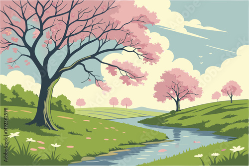 128 an idyllic spring landscape, lush green meadow, serene pond with clear reflections, vibrant pink cherry blossom trees, blue sky with fluffy white clouds, beautiful natural scenery, dreamlike atmos