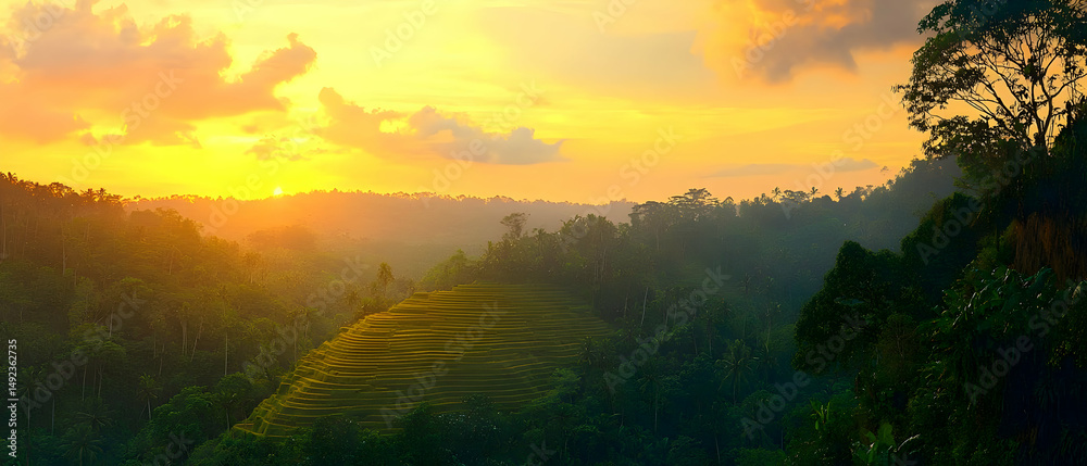Obraz premium Sunset Over Lush Mountainous Jungle Valley