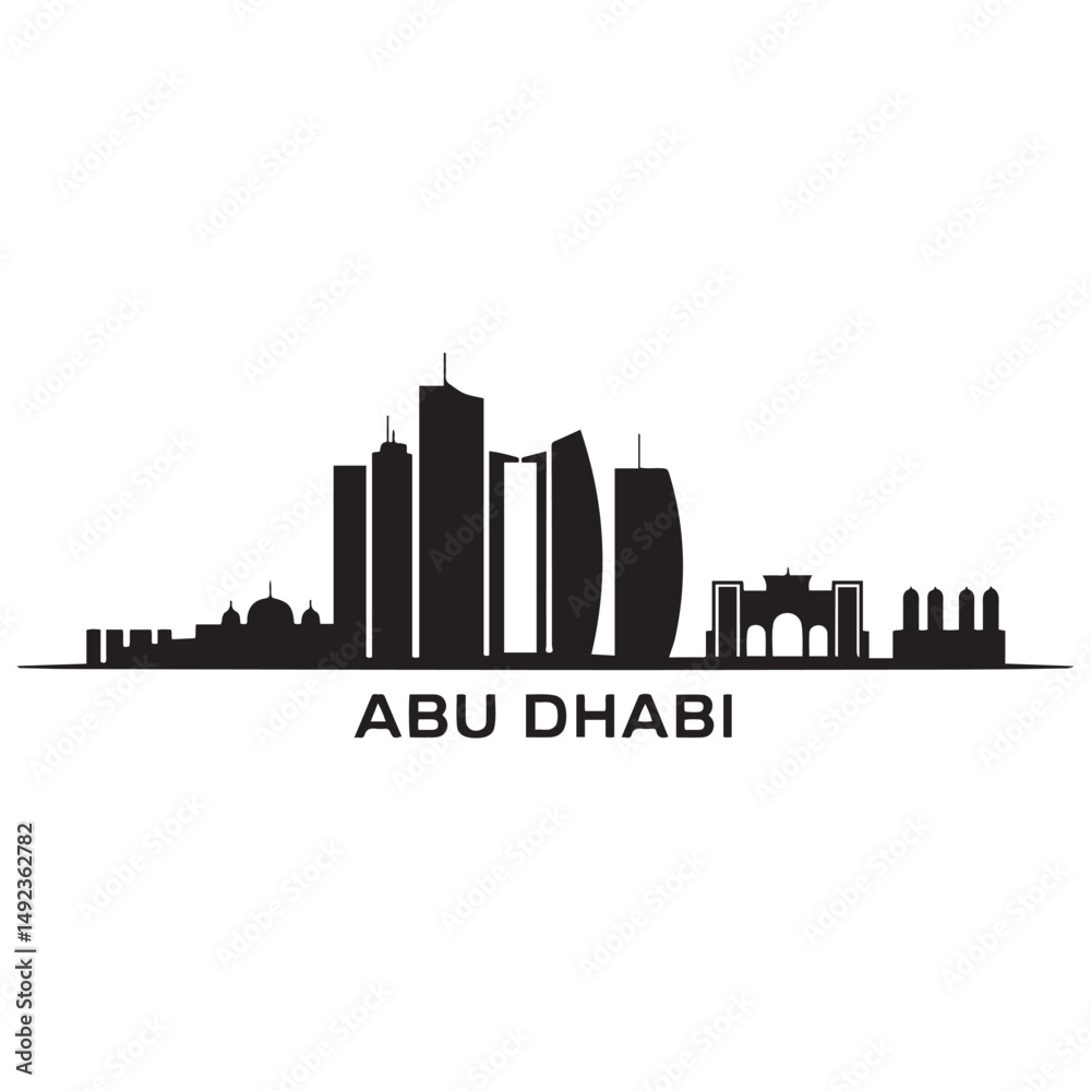Fototapeta premium Abu Dhabi skyline horizontal banner. Black Abu Dhabi, United Arab Emirates. Vector template for your design. Vector black silhouette. with white background