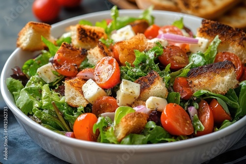 Wallpaper Mural Fresh vibrant salad with mixed greens, cherry tomatoes, toasted croutons, cubed cheese, and red onions in a white bowl Torontodigital.ca