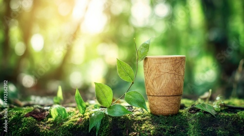 Vibrant green leaves and a bamboo cup on moss, symbolizing eco-friendly living and nature's harmony.