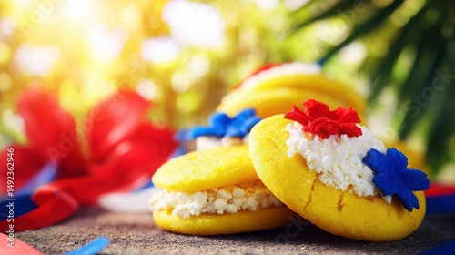 Traditional arepas with yellow corn and white cheese, celebrating Venezuela's Independence Day with festive red and blue floral decorations.
