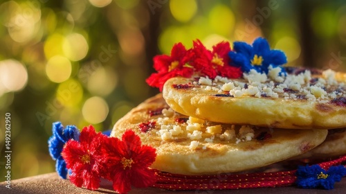 Traditional arepas with yellow corn and white cheese, celebrating Venezuela's Independence Day with festive red and blue floral decorations.