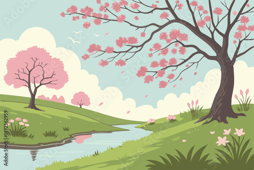 128 an idyllic spring landscape, lush green meadow, serene pond with clear reflections, vibrant pink cherry blossom trees, blue sky with fluffy white clouds, beautiful natural scenery, dreamlike atmos
