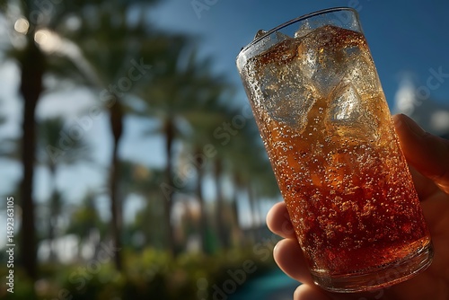 Refreshing Cold Drink on a Sunny Day with Palm Trees Background.