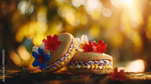 Traditional arepas with yellow corn and white cheese, celebrating Venezuela's Independence Day with festive red and blue floral decorations.