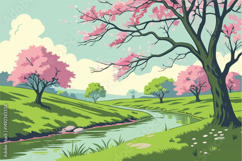 128 an idyllic spring landscape, lush green meadow, serene pond with clear reflections, vibrant pink cherry blossom trees, blue sky with fluffy white clouds, beautiful natural scenery, dreamlike atmos