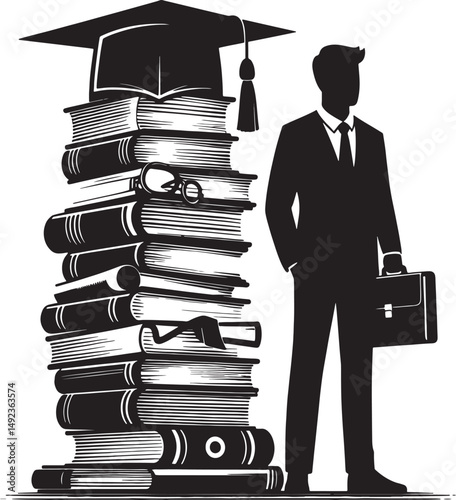 Silhouette of a businessman with briefcase standing next to a stack of books and cap