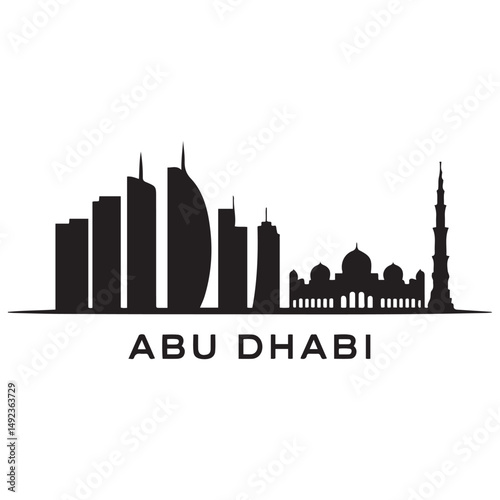 Abu Dhabi skyline horizontal banner. Black Abu Dhabi, United Arab Emirates. Vector template for your design. Vector black silhouette. with white background