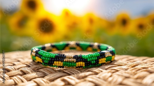 Beaded bracelet in green, black, and gold on woven fabric, symbolizing South African Youth Day pride and heritage.