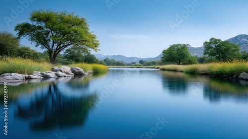 Serene River Landscape with Lush Greenery and Blue Sky