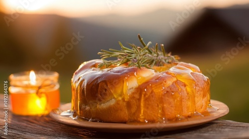 Traditional Slovenian potica cake with honey glaze and rosemary, celebrating national heritage and warmth.