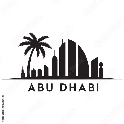 Abu Dhabi skyline horizontal banner. Black Abu Dhabi, United Arab Emirates. Vector template for your design. Vector black silhouette. with white background
