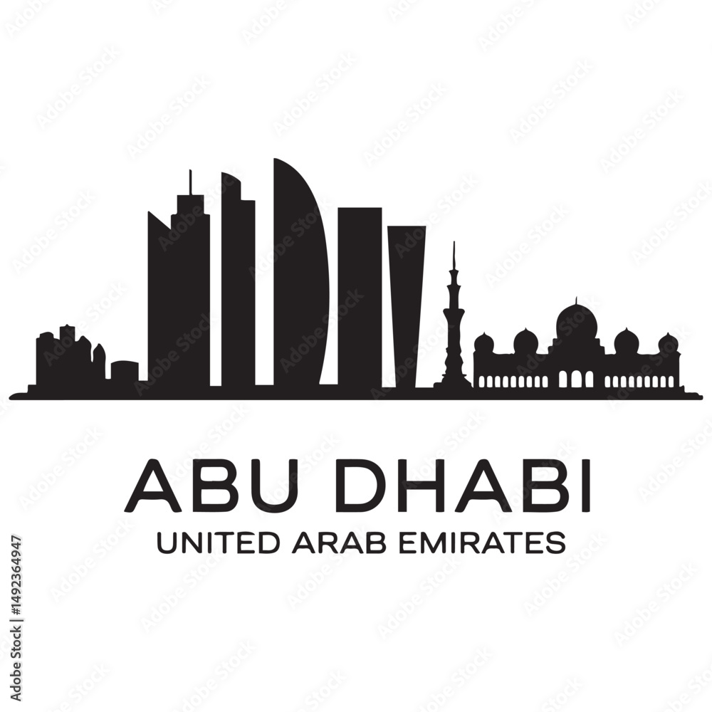 Fototapeta premium Abu Dhabi skyline horizontal banner. Black Abu Dhabi, United Arab Emirates. Vector template for your design. Vector black silhouette. with white background