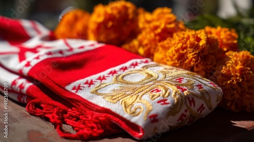 Traditional red and white sash with lucuma fruits, Andean flowers in warm light, celebrating Peruvian pride and heritage.