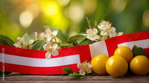 Traditional red and white Peruvian sash with golden embroidery, festive flags and marigolds in the background, celebrating national pride.