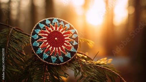 Traditional beaded medallion on cedar branches, celebrating Indigenous culture and heritage.