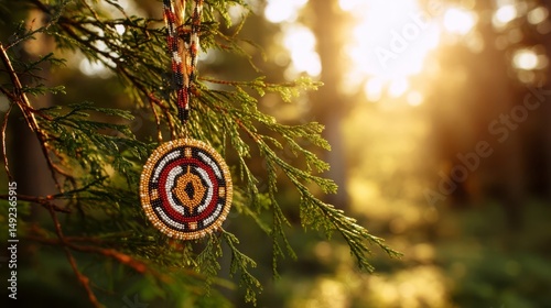 Traditional beaded medallion on cedar branches, celebrating Indigenous culture and heritage.