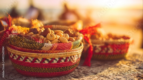 Traditional woven baskets filled with cashews and tropical fruits, adorned with red and green ribbons. Celebrating Mozambique's Independence Day wi