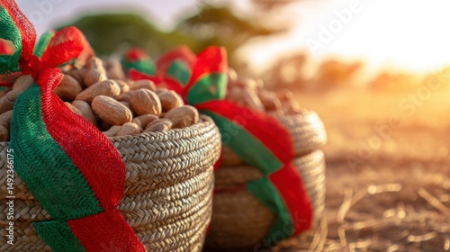 Traditional woven baskets filled with cashews and tropical fruits, adorned with red and green ribbons. Celebrating Mozambique's Independence Day wi