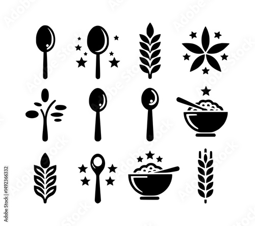 Cereal and Spoon Symbol Set Vector Illustration
