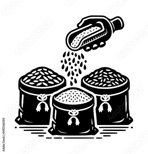 rice grains in individual bags pouring icon logo black color white background vector