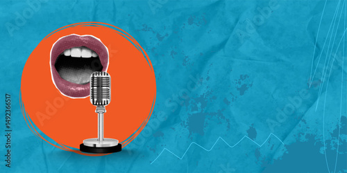 Expressive female singing into the microphone. Concert performance. Talent show. Contemporary art collage. Concept of music, festival, party, creativity, inspiration. Creative abstract design
