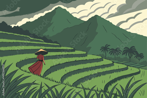 130 lush green terraced rice fields, dramatic stormy sky, mountainous landscape, lone figure in red dress and cone hat walking through field, atmospheric mood, detailed landscape, award winning photo,