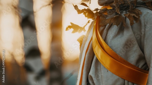 Traditional Lithuanian linen sash with amber accents on oak leaves, symbolizing heritage and national pride.