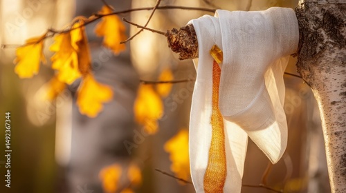 Traditional Lithuanian linen sash with amber accents on oak leaves, symbolizing heritage and national pride.