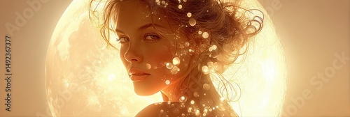 Woman Glowing with Golden Light and Moon Halo is a professional-grade stock image suitable for editorial use, social storytelling, cultural representation, and marketing visuals.